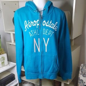 Aeropostale Teal Hoodie with White and Orange Accents